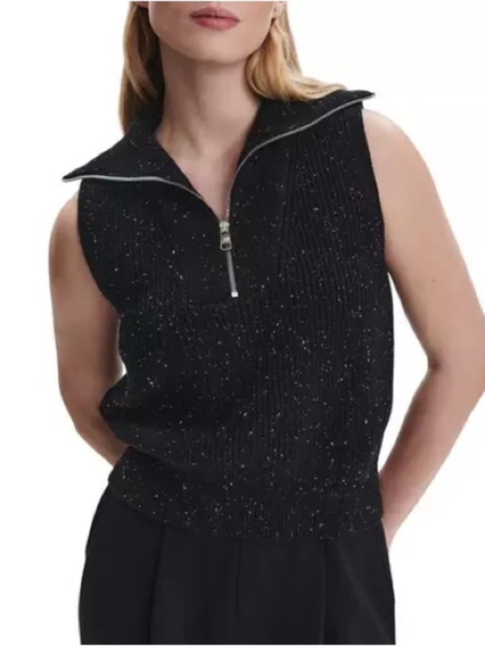 Varley Black Speckled Sleeveless Zip-Neck Knit Top
